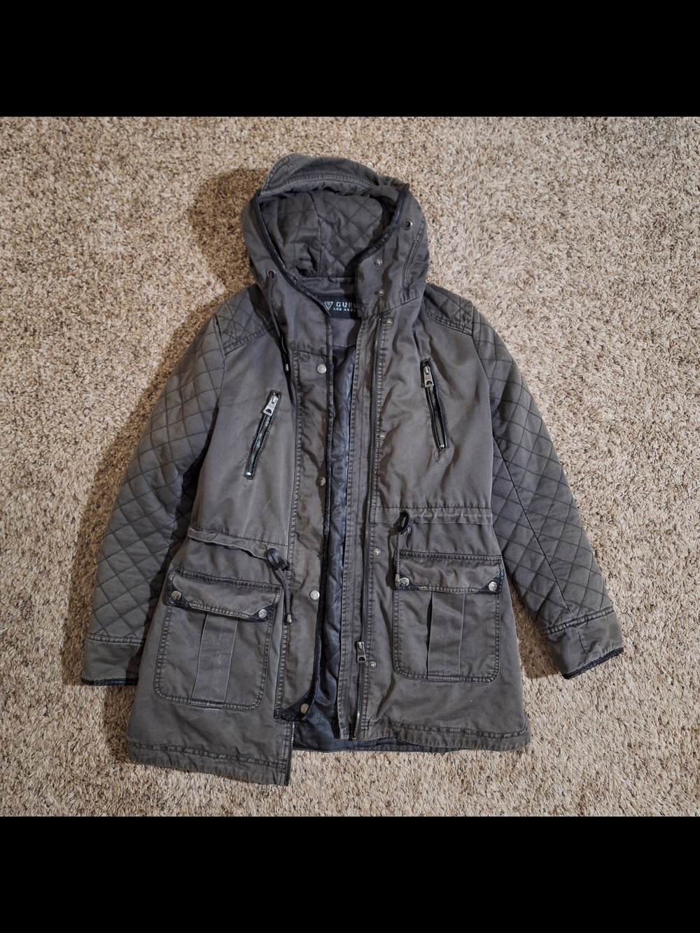 GUESS Los Angeles Quilted Utility Parka Jacket Olive Green Size M